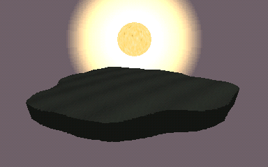 Animated loop: a pale yellow sun with a large white glow sets behind a dark island silhouette against a flat mauve sky.