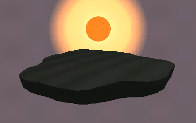 Animated loop: the same scene with a deep orange sun and a warm orange glow setting behind the same dark island.