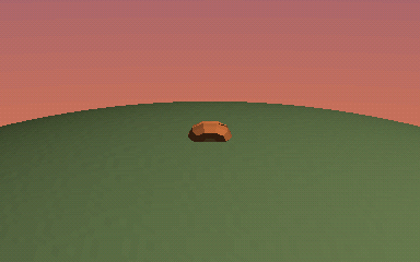 Animated loop: a small four-legged animal stands on a hilltop and swells to more than twice its size, then bursts apart into a spray of small dark squares that arc outward and fall.