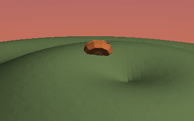Animated loop: a small four-legged animal with a rust-brown body and pale head walks rightward over green terrain at dusk while a wave passes beneath it, tilting the animal as it goes; then the camera pulls far back and the animal shrinks to a dot of light.