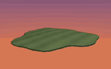 Diary entry, 2026-08-16, subject terrain-breach: The breach captured while the island was still a flat 22 m sheet with flat-shaded colour surfaces. The dig met the thin underside quickly and debris left the world almost at once; the current gallery loop digs 84 m through a 75 m keel of banded, textured rock.