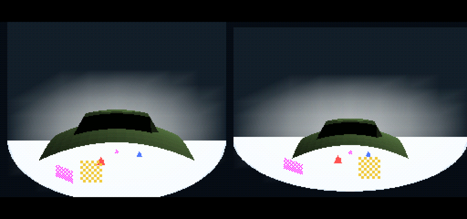Duo split-screen frame: two 256×192 player views of a green island under a bright sky, each with a marker sigil and coloured particles, with black border bands above and below.