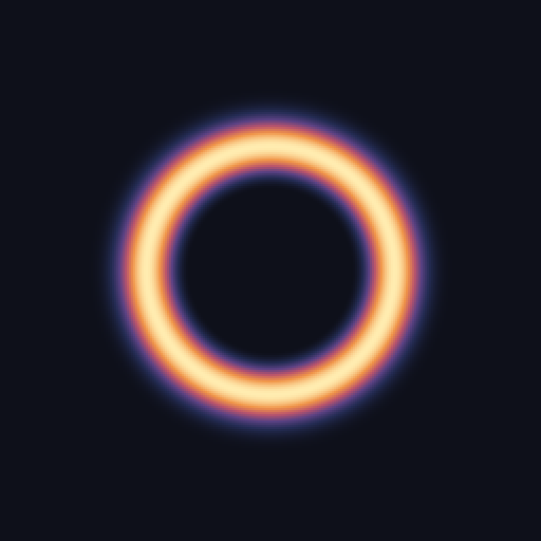 A false-colour map: a bright ember-coloured ring on a dark field, the crater_ring program's height output over a square grid.