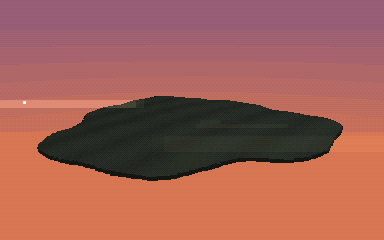 Animated loop: a dark island silhouette under a dusk sky; a tiny white sun crosses behind it and a long horizontal light streak fades out as the island hides the sun, then fades back in.