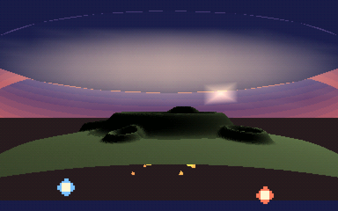 A green heightfield island at dusk, its surface raised into a ring by a crater field program and darkened along a stamped scar ring, with two marker sigils and orange particles.
