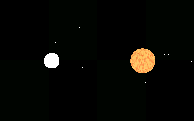 Animated loop: Binary system: two bodies of one class orbit the barycentre once per loop, curved trails on both.