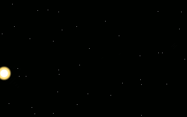 Animated loop: a small yellow-white sun sweeps across a black starfield; a twelve-spoke lens burst rides on it and three fainter ghost copies mirror it through the screen centre.