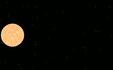 Animated loop: Warm giant, golden orange (63,55,32). Drifts with a white-hot smear fading to orange at the fringe.