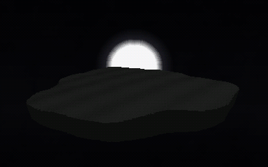 Animated loop: an almost black sky over a dark island, with a small hard white disc.