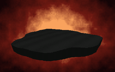 Animated loop: a deep red sky over a dark island, the sun a dim orange bloom.