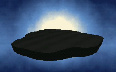 Animated loop: a blue sky with light cloud mottling over a dark island, a compact white bloom setting behind it.
