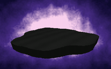 Animated loop: a mottled indigo sky over a dark island, with a broad pale bloom rising behind the island as the sun sets.