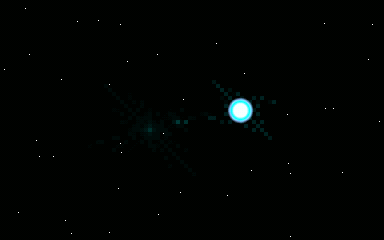 Animated loop: a small cyan star with a hard-edged glow sits in a black starfield; a cyan lens burst snaps on and off in a regular rhythm.