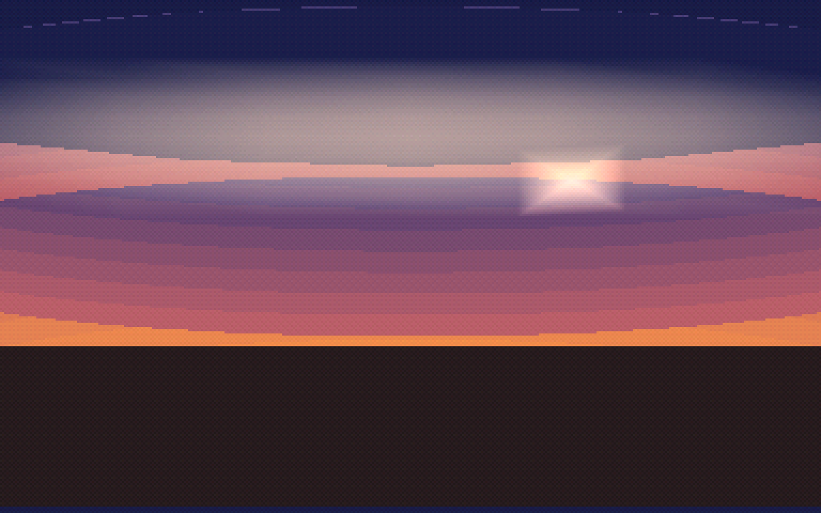 A dusk sky: deep blue zenith at the top grading through purple to a burnt-orange horizon band, with a soft additive sun and hazy cloud sheet.
