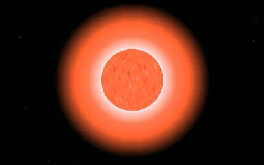 Animated loop: a red giant star seen from space at close range, its granulated surface churning inside a smooth orange corona, with faint white stars behind it.