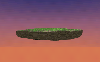 Animated loop: the camera makes one full orbit around a floating island at dusk. The top is textured green grass with rock near the coast, the rim walls show horizontal rock strata bands, the island hangs as a deep chunk of rock, and the sun sweeps around the sky as the camera turns.