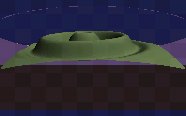 Animated loop: a green heightfield island at dusk heaving like a rubber membrane as a radial wave travels through it in rings.